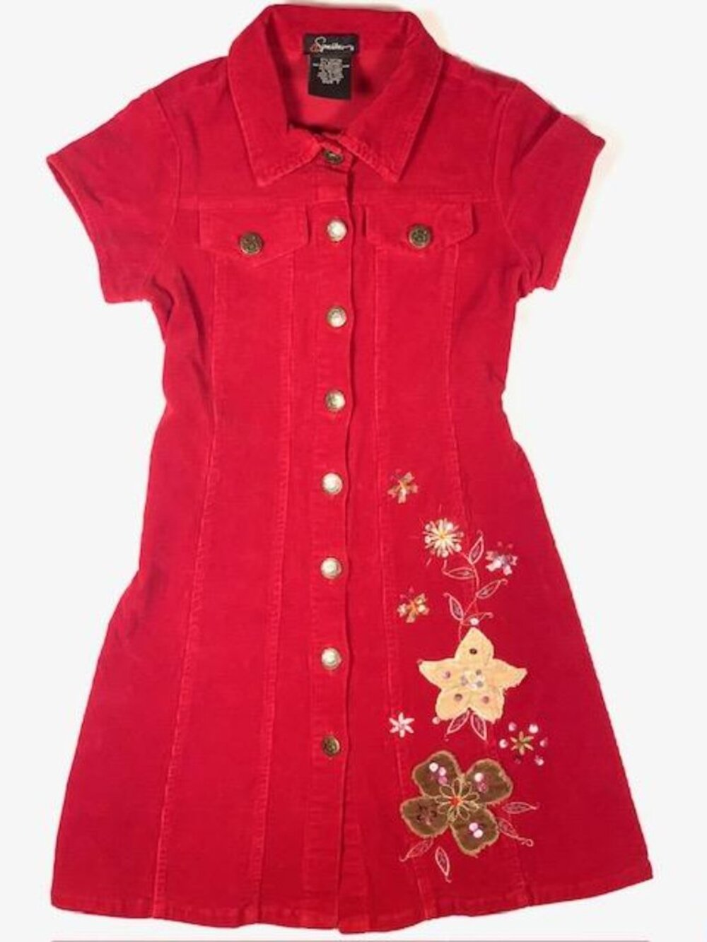 Vintage Speechless Girls 7 Red Corduroy Embroidered Button Down Dress Y2K